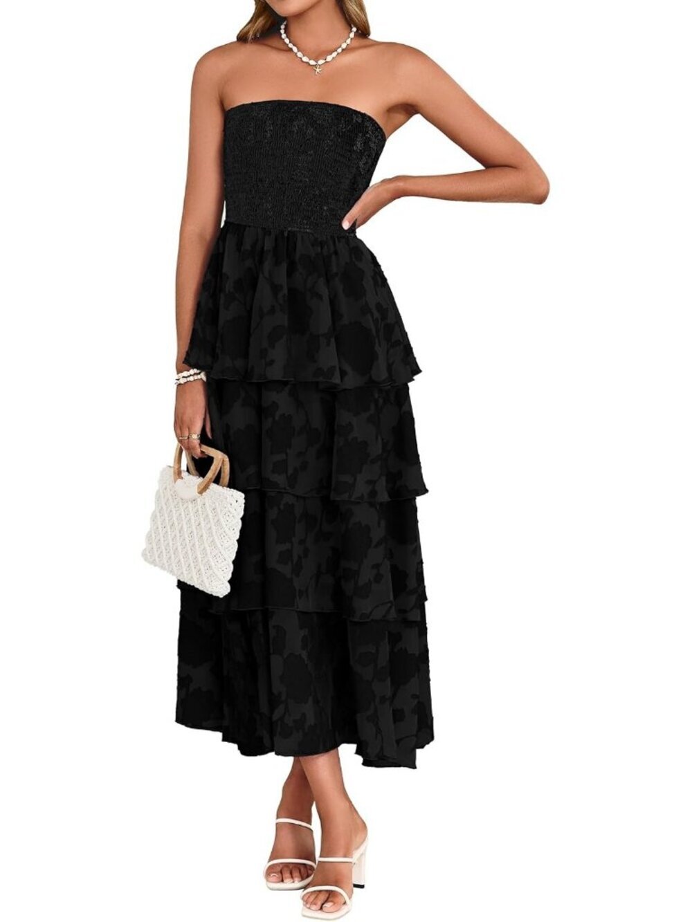 Women's Strapless Maxi Dress Boho Floral Off Shoulder Dress Black Beach Sundress